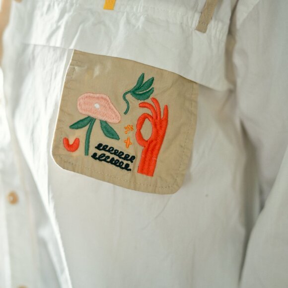 White Collared Button Down Shirt: Embroidery/Upcycled Pockets/Details - Picture 5 of 11